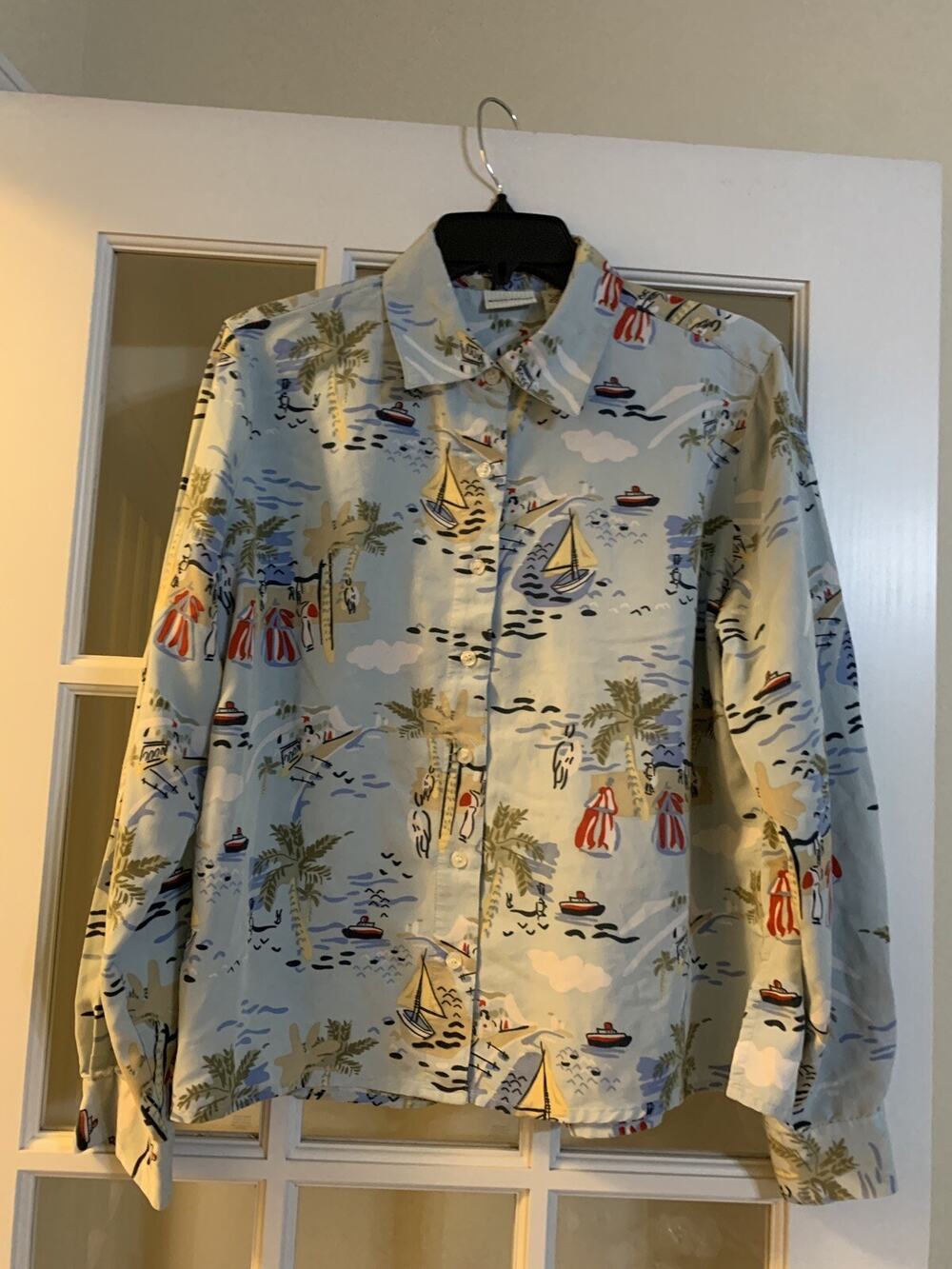 White Stag nautical sailboat pattern long sleeve button down shirt unique LG